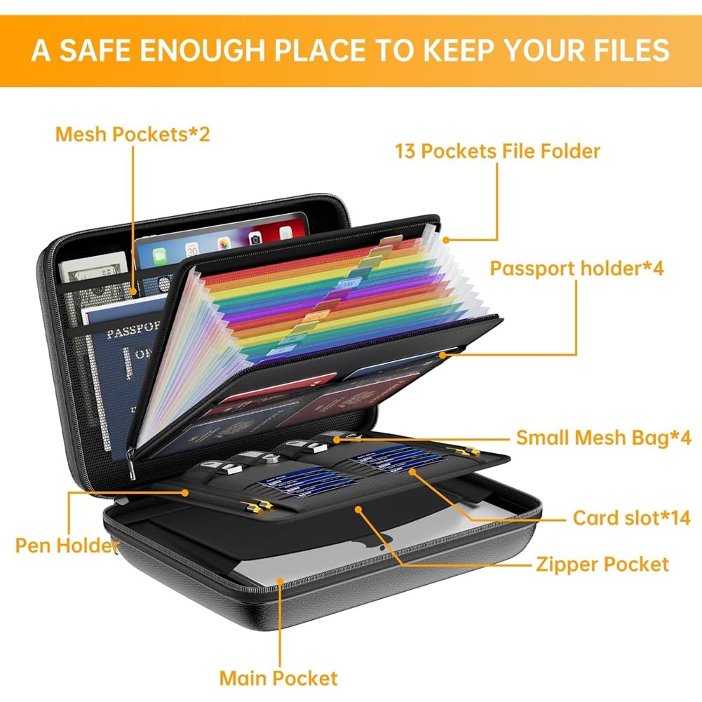Scheda Improof File Organizzatore Hard Shell Case Imprupte con 13 Cartelle di File Fisarmonica, per Importante