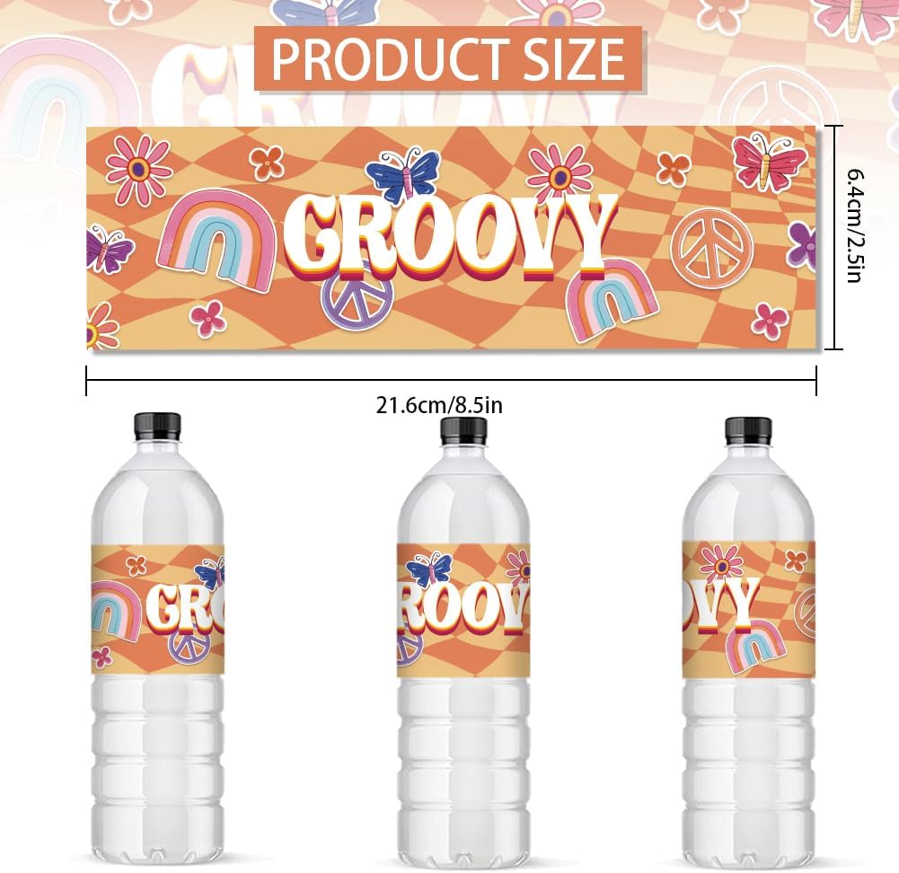PH PandaHall 30pcs Groovy Water Bottle Labels, 70s Disco Bottle Stickers Decorative Bottle Wrappers Hippie Waterproof Bottle Wraps Self-Adhesive Water Bottle Label for Birthday Party Favors