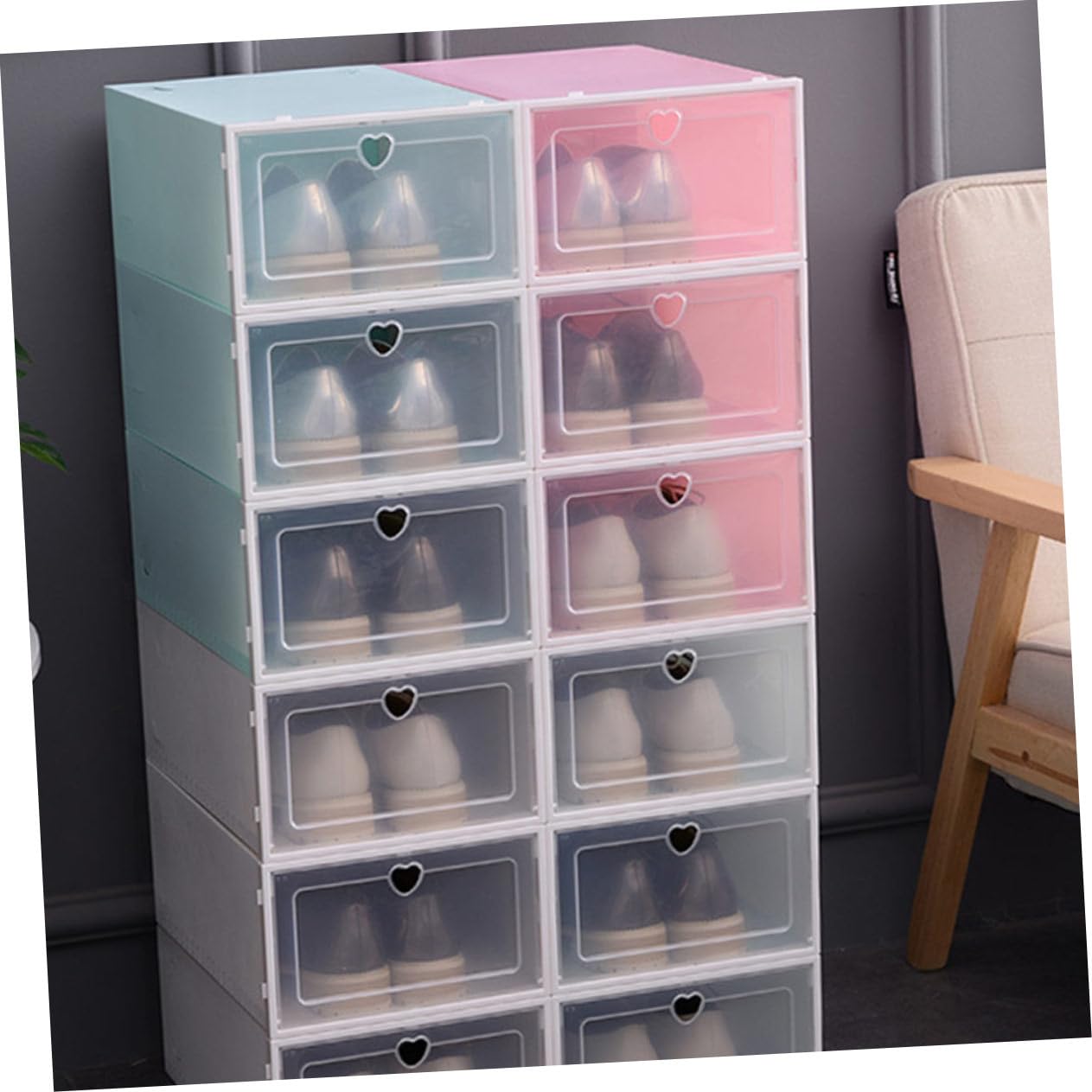 4 piezas Cajas Transparentes para Zapatos con Tapa Abatible Caja Apilable de Plástico Grueso Tipo Cajón Diseño Prueba de Polvo y Fácil Limpieza Almacenamiento Organizado para