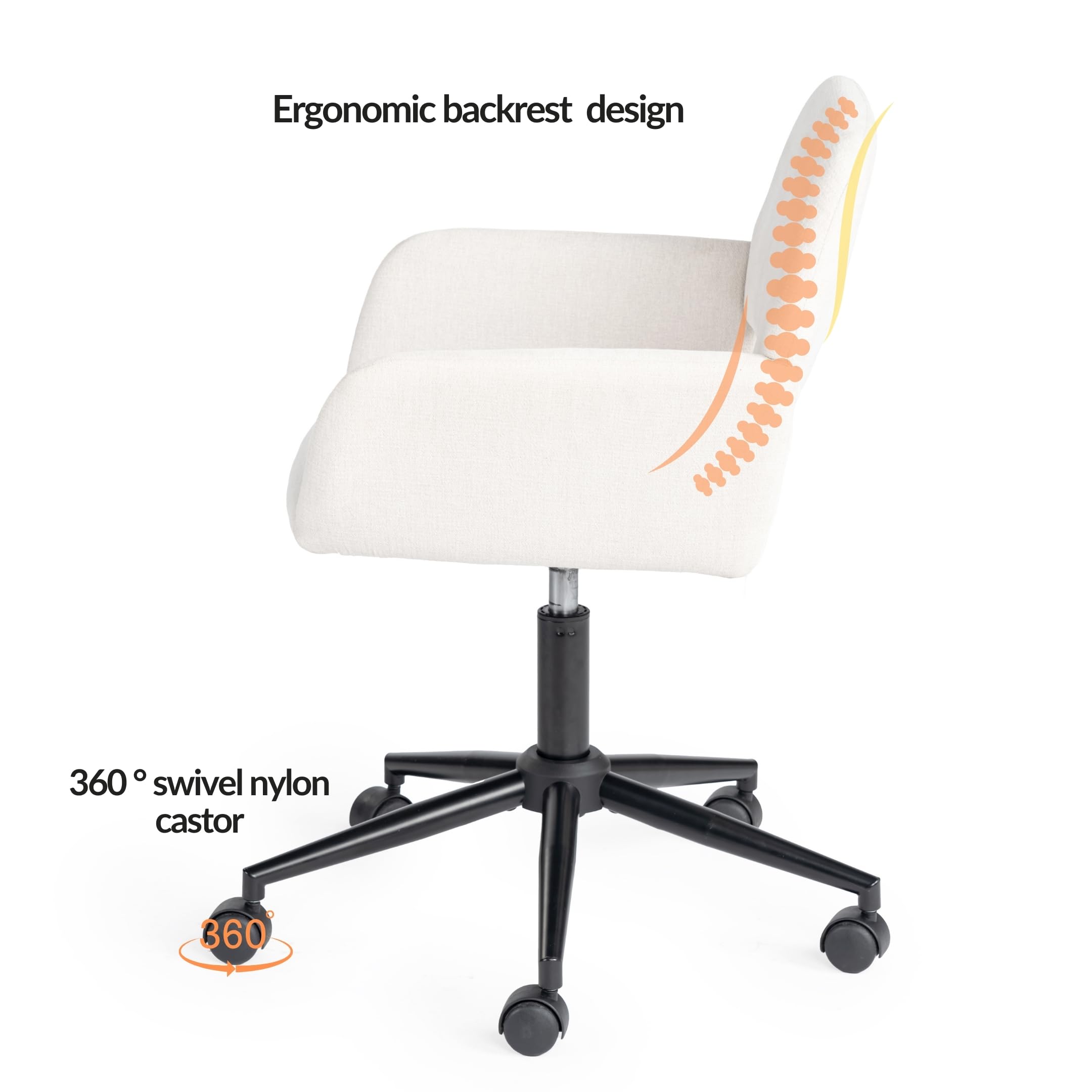 FurnitureR Sedia da trucco girevole, seduta da camera regolabile in altezza, seduta cava ampia e traspirante, sedia da vestire girevole a 360°, tessuto beige moderno, 56 x 55 x 75-85 cm