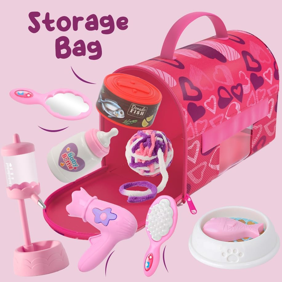 Golray Cat Toys for Kids Girls Gift, Electronic Interactive Plush Toy Cat Can Walk and Meow - 16 Pcs Carrier & Pet Groom Feed Care Pretend Play Set, Birthday Gift for Toddler Little Girl 3 4 5 6 7 8 9 - Image 8