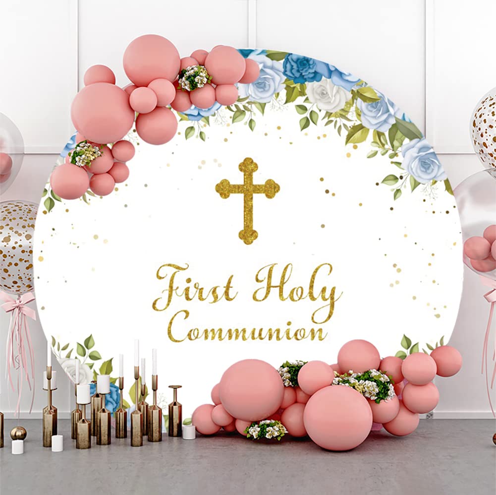 Diametro 2.2m Prima Santa Comunione Tondo Sfondo di copertina Croce d'Oro Fiori Puntini d'oro Poliestere Fotografia Sfondo per Baby doccia Neonato Festa di Battesimo Decoro Studio Puntelli