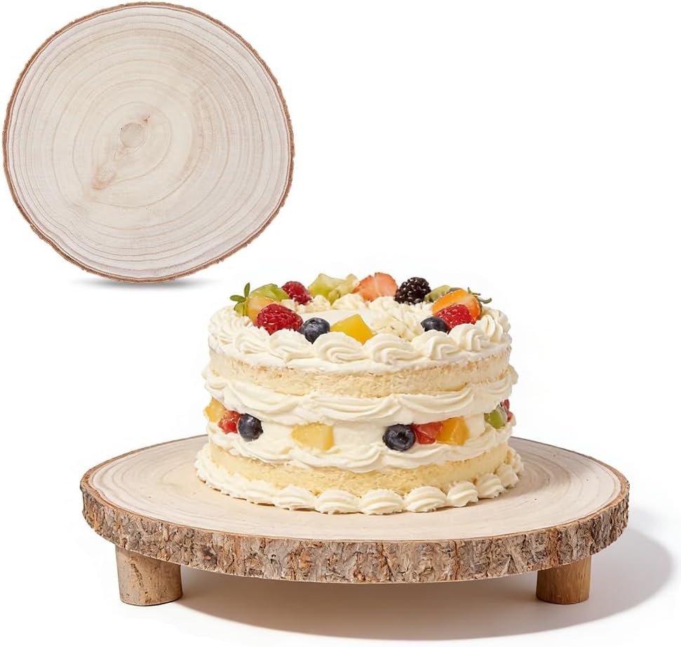 DICOSMETIC 1Pc Wooden Cake Stands Round Wood Pedestal Rustic Cake Holders 12.4x12.01x2.09 Inch 1-Tier Cupcake Display Stand Wood Slice with Leg for Wedding Birthday Party