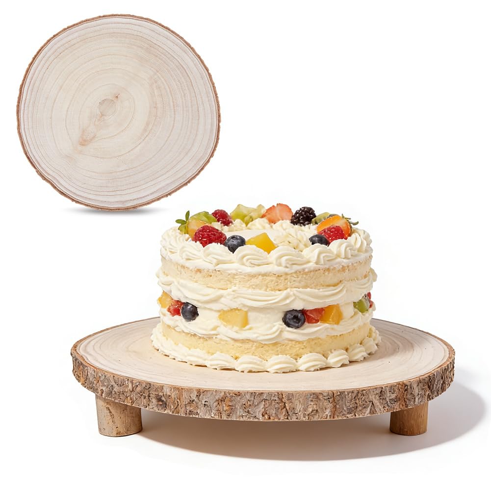 DICOSMETIC 1 Stück Holz Kuchenteller Runder Rustikaler Sockelstander 31.5x30.5x5.3 cm 1 Etage Cupcake Display Halterung Mit Holzscheibenfüßen Für Hochzeit Geburtstag Party