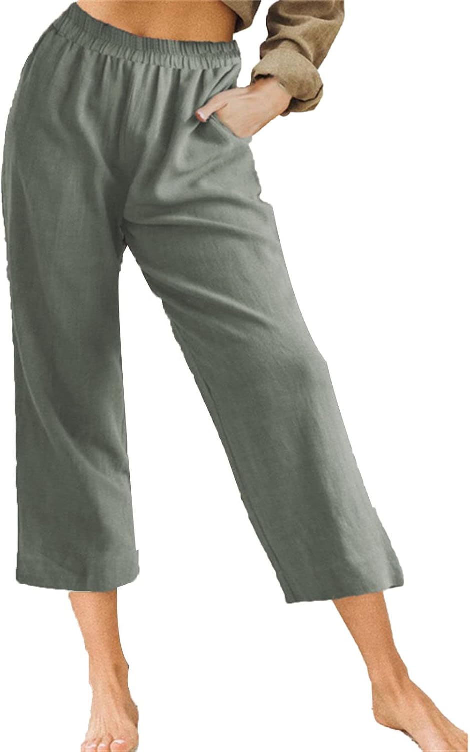 DGHM-JLMY Women's Solid Loose Elastic Waist Capris Pants Linen Casual Straight Pants Comfy Lounge Joggers Pants with Pockets