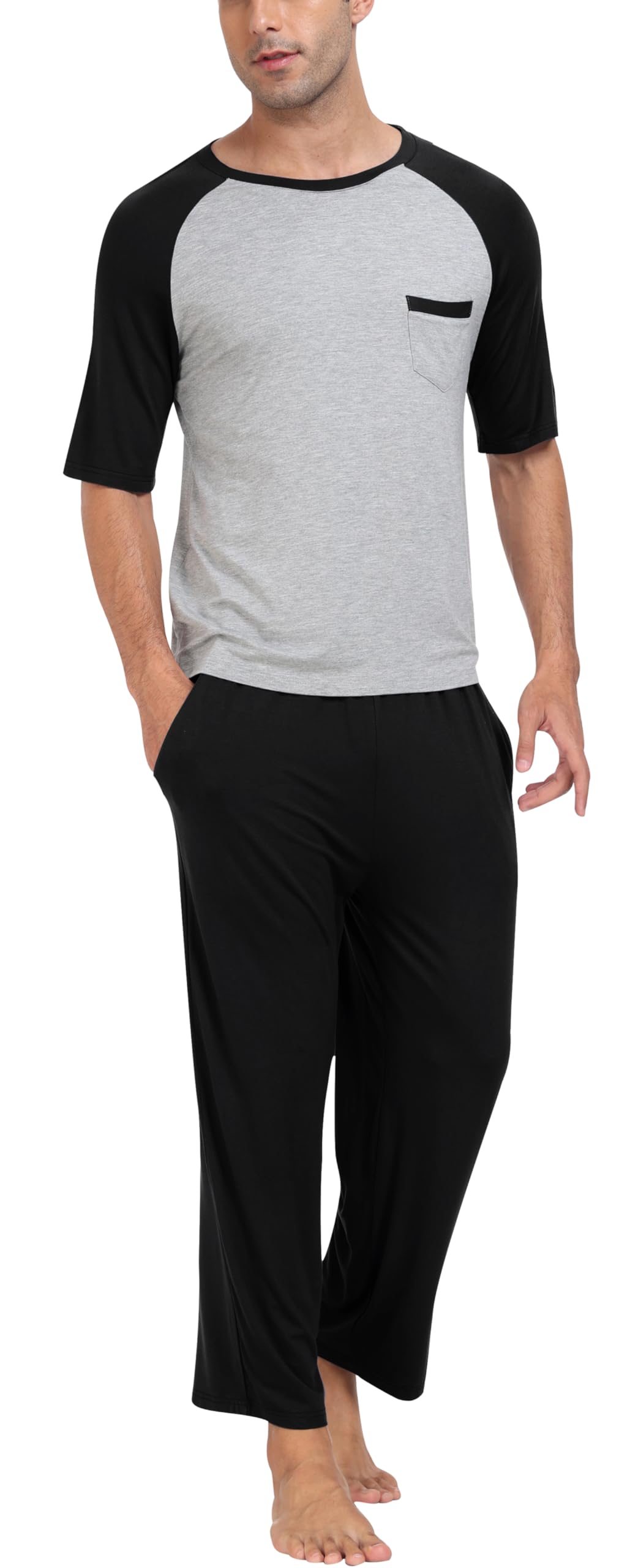 MoFiz Herren Schlafanzug Kurz Pyjamaset Zweiteiliger Set Weich Hausanzug Rundhals T-Shirt und Schlafshorts Sommer Nachtwäsche Freizeitanzug mit Brusttasche