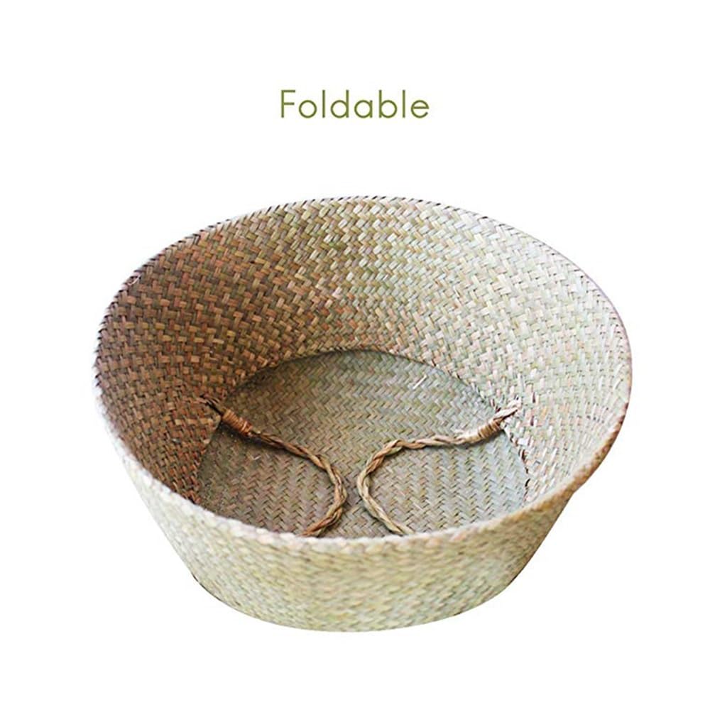 Panier de rangement tissé en jonc de mer naturel fait à la main - Panier à linge pliable en paille et rotin - Sac de plage (22 x 20 cm)
