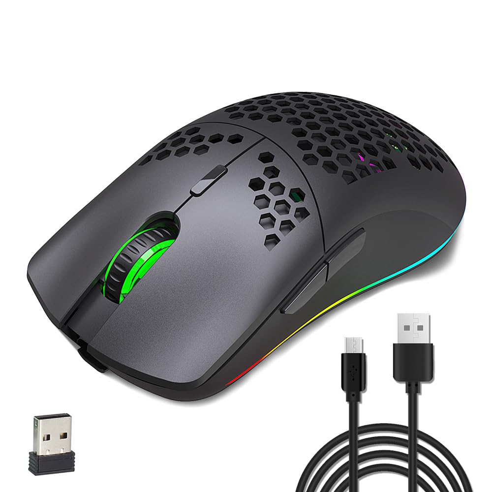 Aerbee Wireless Gaming Mouse, Honeycomb Hollow Design Ergonomic Wireless Mouse with Backlight, 6 Buttons 4 Speed Adjustable DPI Computer Mouse Rechargeable RGB Gaming Wireless Mouse for Mac Laptop PC