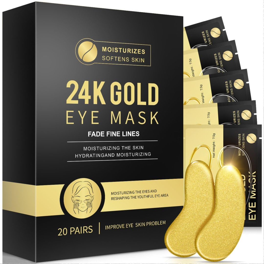 Under Eye Patches, 20 Pairs 24K Gold Eye Patches For Puffy Eyes, Under eye Bags, Wrinkles, Nourish Skin, Eye Masks With Collagen, Hyaluronic Acid for Men & Women Gift (24K Gold)
