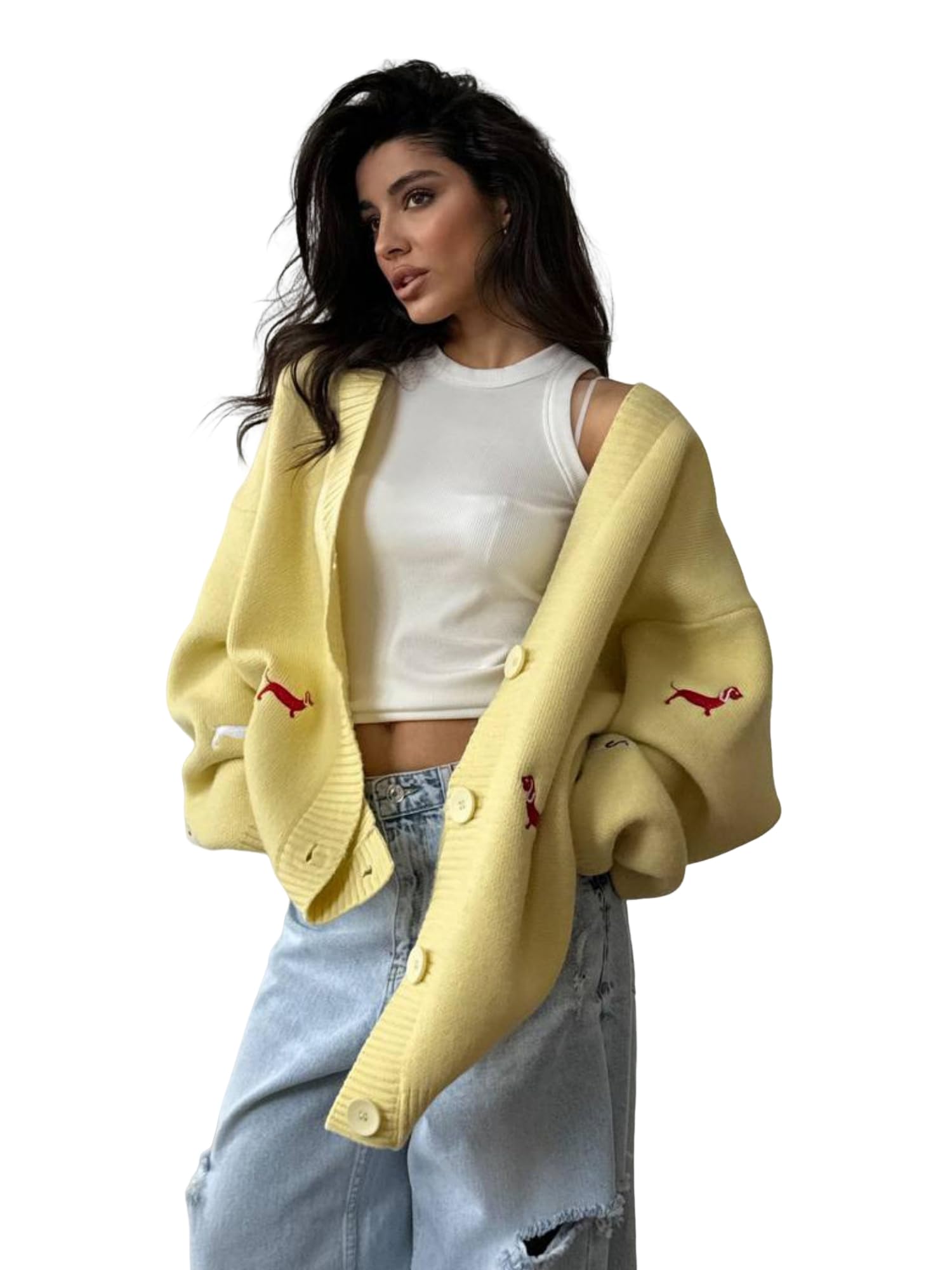 ZAFUL Cute Cardigan Sweaters for Women V Neck Dachshund Embroidered Button Up Knit Jacket Soft Casual Fall Top