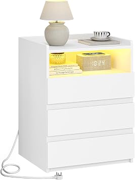 AOGLLATI Bedside Cabinet with LED Lights Bedside Table with Charging Station|3 Drawers and 1 Compartment |2 AC and 2 USB Ports Side Table for Living Room and Bedroom,White 1, White