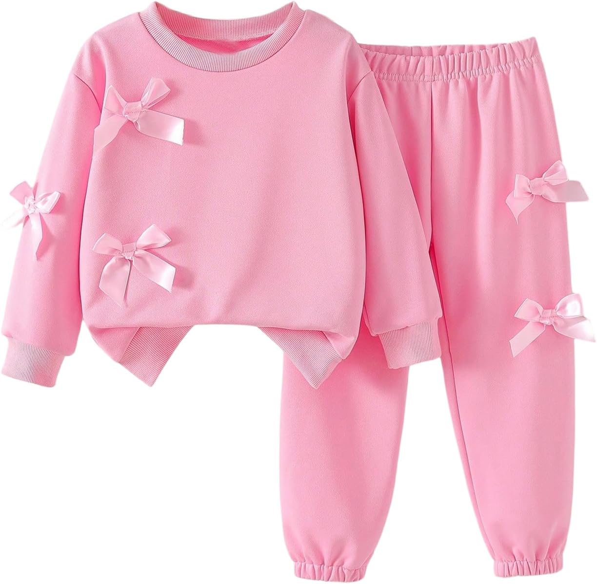 GORGLITTER Girl's 2 Piece Fall Sets Outfits Bow Long Sleeve Crew Neck Shirts Tops and Wide Leg Sweat Pant Baggy Set