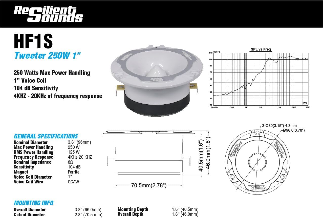 Resilient Sounds HF1S Tweeter 250W MAX / 125W RMS (Pair) 4OHM