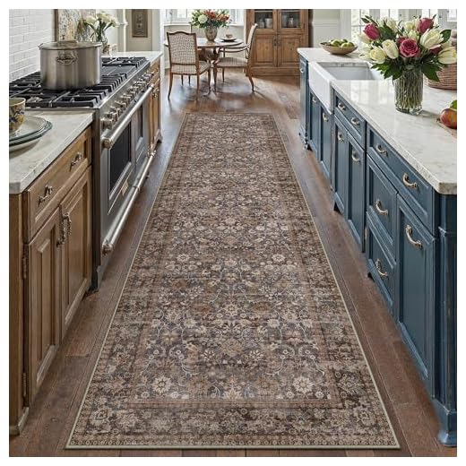 HUGEAR 3x10 Runner Rug Machine Washable Tradition Brown Hallway Area Rug Indoor Accent Rug Floral Low Pile Carpet Soft Throw Rug Bedroom Living Room Office Dining Room Kitchen Laundry Room Non Slip