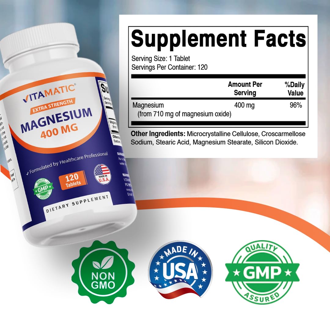 Vitamatic Extra Stregth Magnesium Oxide 400 mg 120 Vegetarian Tablets - Supports Muscle, Nerve, and Heart Health* - Made in the USA - Non-GMO & Gluten Free — Amazon image 2