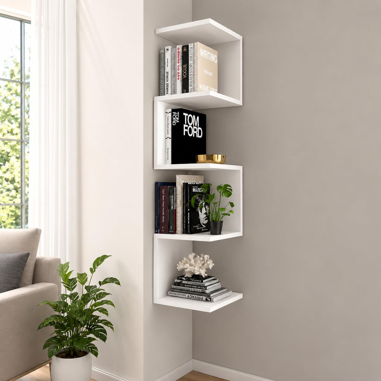 Elcom Handicrafts Modern Floating Storage Rack for Books, Plants & Home Decor Space Saving Wooden Corner Shelf (White)-image-22