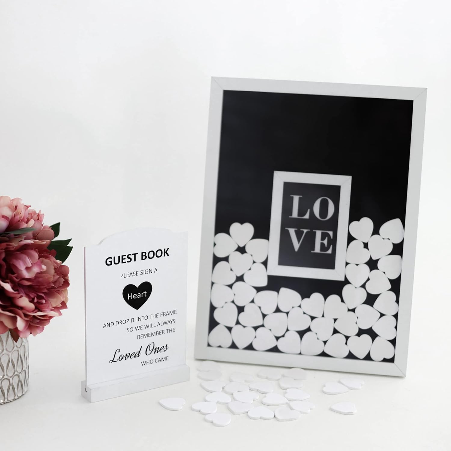 Wedding Guest Book Alternative Frame – Personalized 12x16 White Picture Frame with 70 Wooden Hearts, Drop-in Keepsake for Weddings, Baby Showers, Anniversaries & Memorials