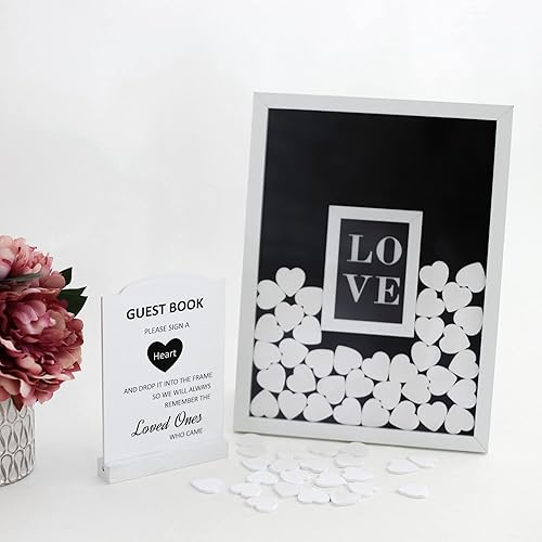 Miniatura 5 de Alternativa personalizada para libro de invitados de boda, marco de fotos blanco de 12 x 16 pulgadas con 70 corazones de madera, recuerdo único para