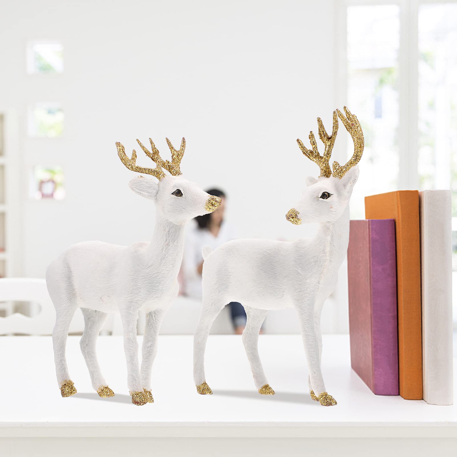 YARNOW 2 Pièces Ornements Cerf De Simulation Blanc Figurines De Cerf Sika Décoration Maison Bureau Noël Décorations Table Salon Cadeau Festif