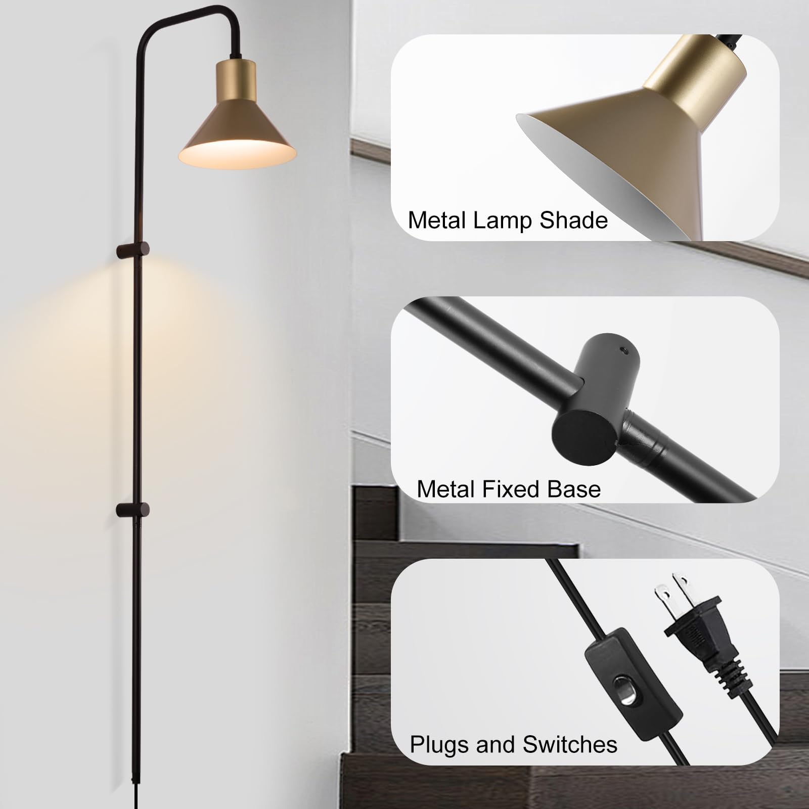 Plug-In Wall Sconce With Switch – Long Horn Cover Wall Light, E26 Base, 45.4” Height, Black Arm With Brass Shade, For Bedroom, Living Room, Hallway, Study (1-Pack)