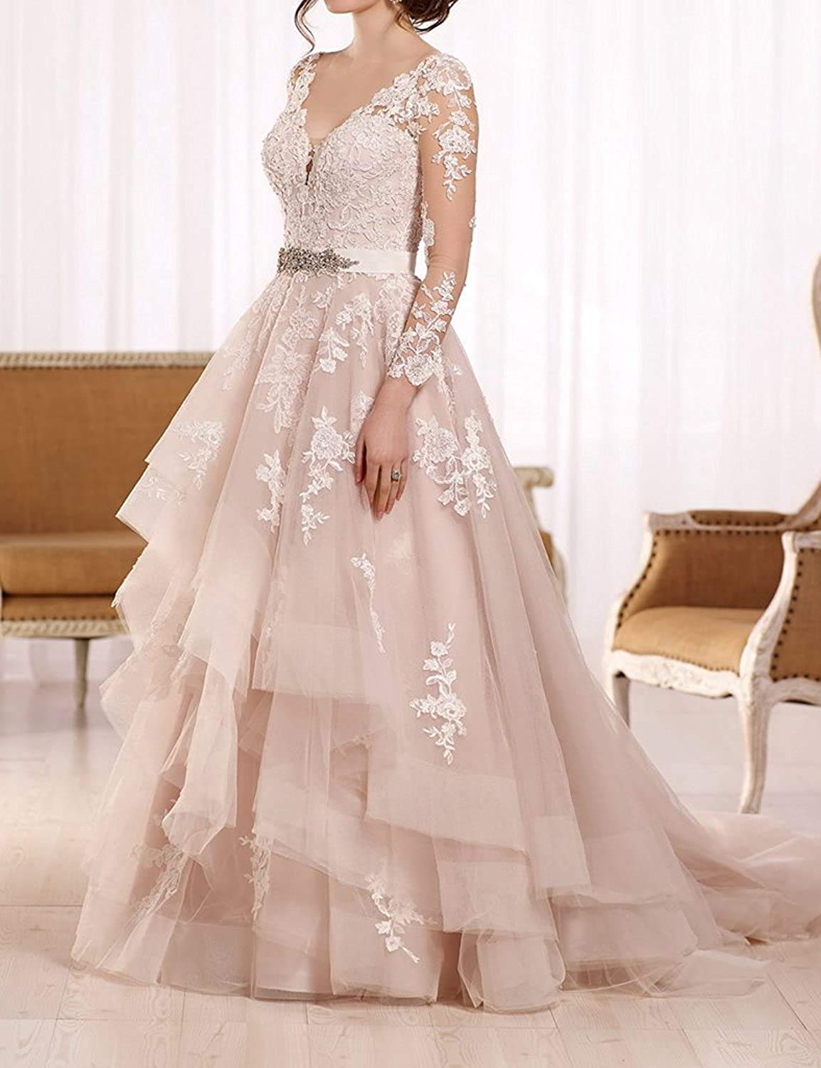 Abito da Sposa in Tulle con Maniche Boho Scollo a V, Avorio, 38
