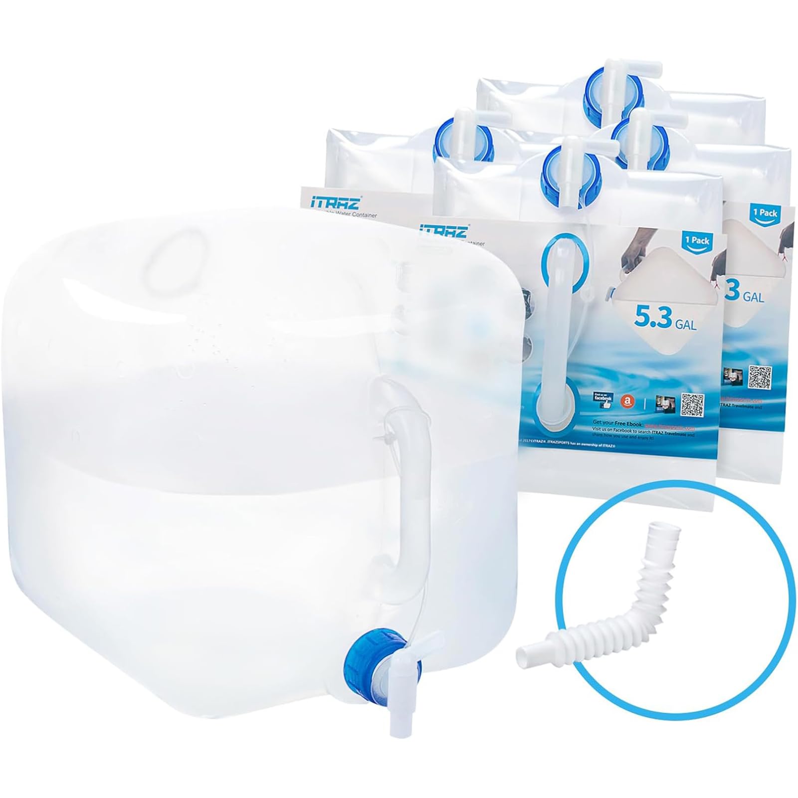 ITRAZ Collapsible Water Container Jug, 4×5.3 Gallon No BPA Water Storage Carrier with Spigot, for Camping Hiking Backpacking RV Outdoors and Emergency, Foldable Portable Survival Kits for Hurricanes