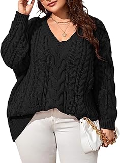 Plus Size Sweaters for Women V Neck Long Sleeve Cable Knit Sweaters Casu...