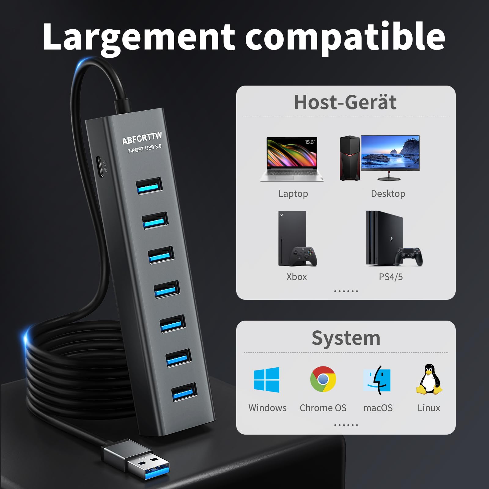 Hub USB 3.0 7 Ports Aluminium 120cm Câble 5Gbps 5V 3A Type-C pour PC Bureau