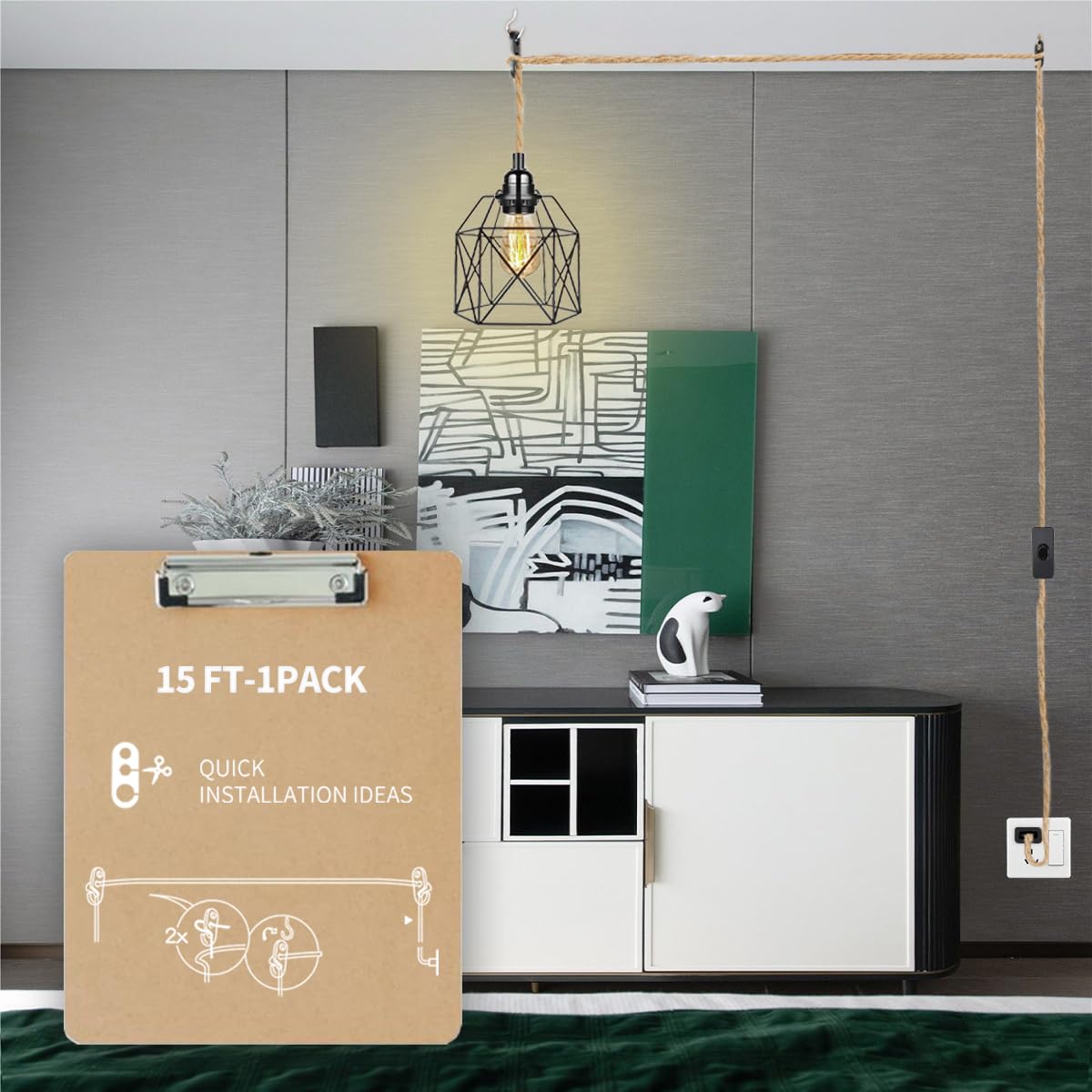 Linterna colgante de extensión envuelta en ratán, lámpara colgante enchufable con cordón de cáñamo, 15 pies, compatible con lámpara de tela vintage E26/E27, ideal para decoración de estilo 6