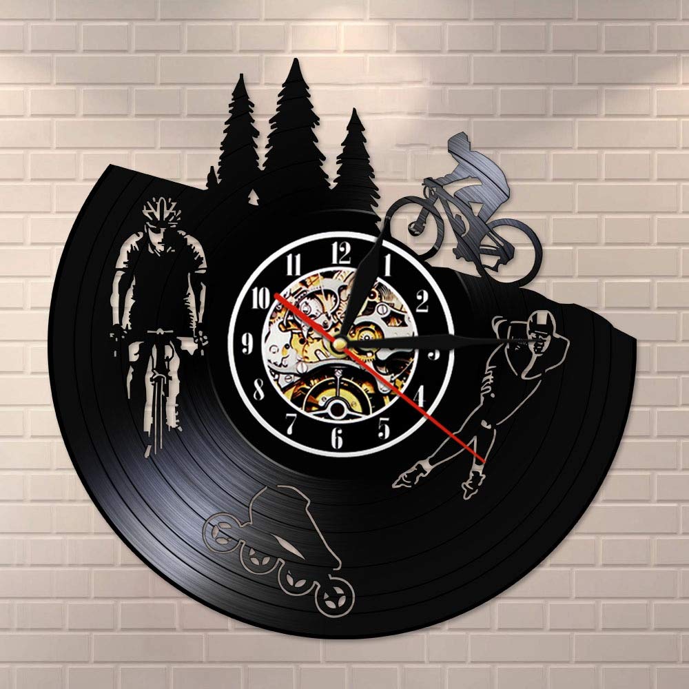 Dia 30 cm Dirt Bike Bicicletta Vintage Vinile Record Orologio da parete silenzioso Pattinaggio Appeso Orologio da parete Motociclista Ciclista Pattinatore Amante dello sport Regalo Decor 7 colori Ca