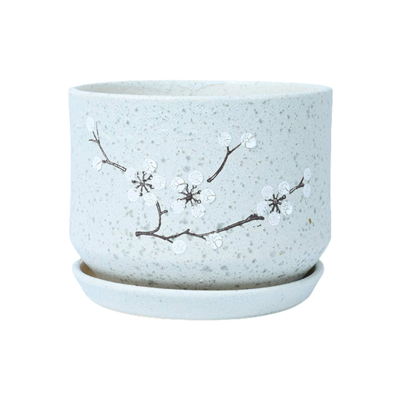 asdchZen Chinese Style Plum Pattern Ceramic Flower Pot With Drain Holes & Saucer Indoor Outdoor Plant Container For Gardening,B-18.5cm