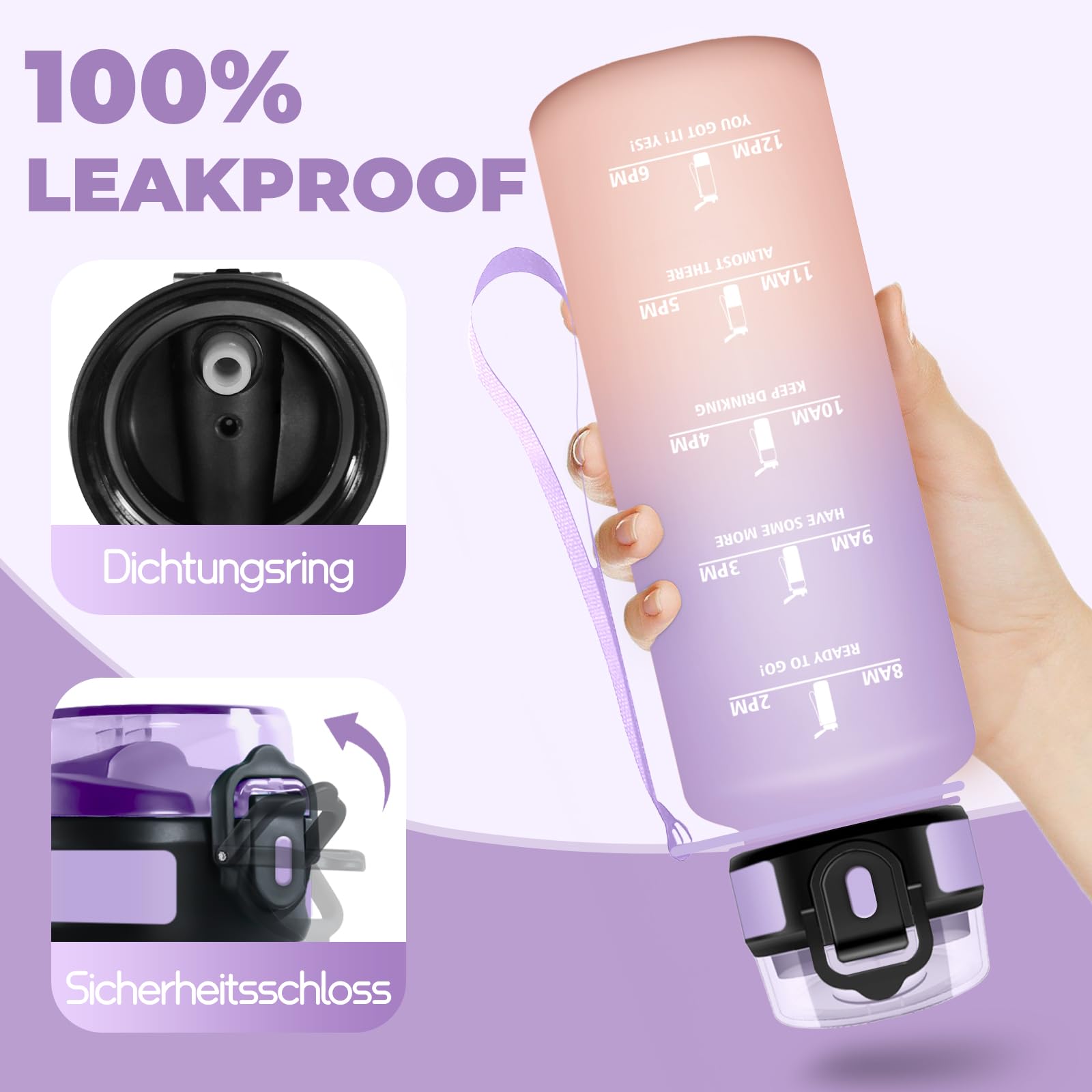 Mulbijeo Borraccia 1,5 Litri, A Prova di Perdita & Riutilizzabile, Borraccia con Cannuccia, Borracce, Apertura One-touch, Borracce Motivazionale per Palestra, Campeggio, Ciclismo, Yoga