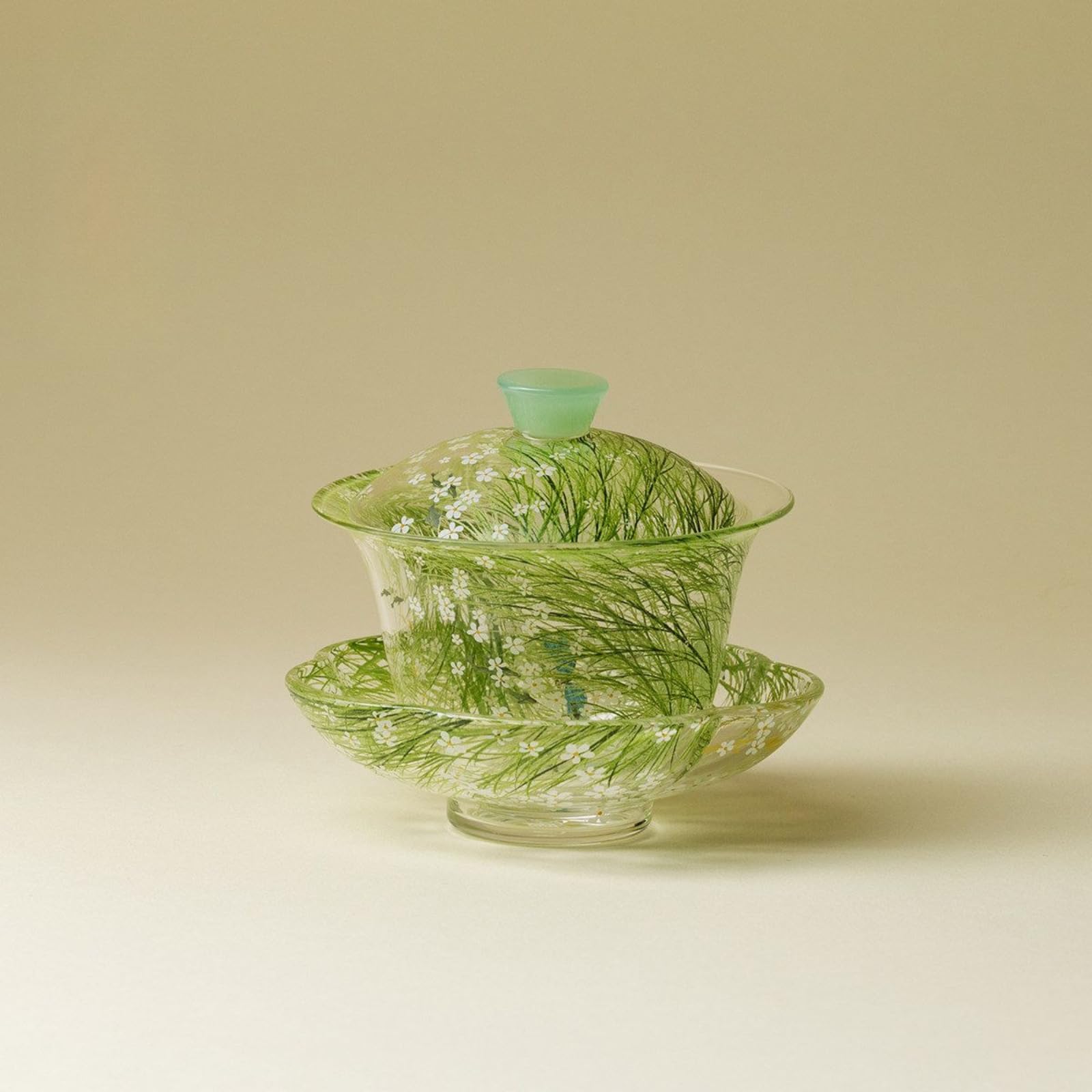 Handgezeichnetes Glas Gaiwan, 95 ml, Borosilikat, transparent, Teeschale, Kung-Fu-Tee-Set