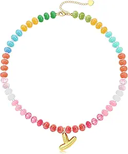 Initial Necklaces for Women, Beaded Necklaces for Women with Bubble Necklace Letter Stocking Stuffers for Teens Trendy Stuff Colorful Gemstone Choker 14k Gold Letter A-Z Pendant Summer Beach Christmas Birthday Jewelry for Her Girlfriend Sister