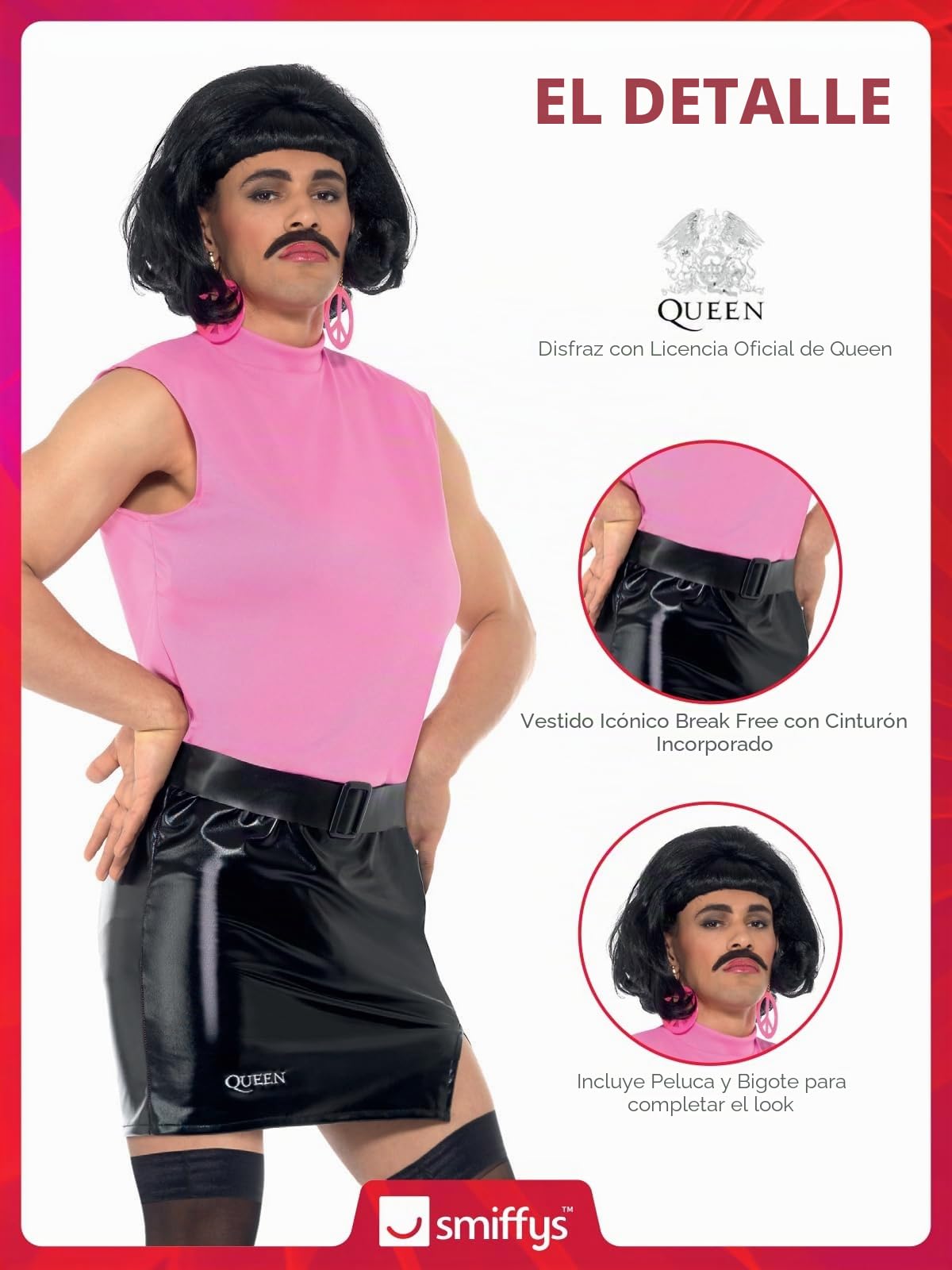 Smiffys Queen, ama de casa sin Descanso, Rosa y Negro con Vestido, Peluca y Bigote, Disfraz de Reina con Licencia Oficial, Disfraz de los años 70