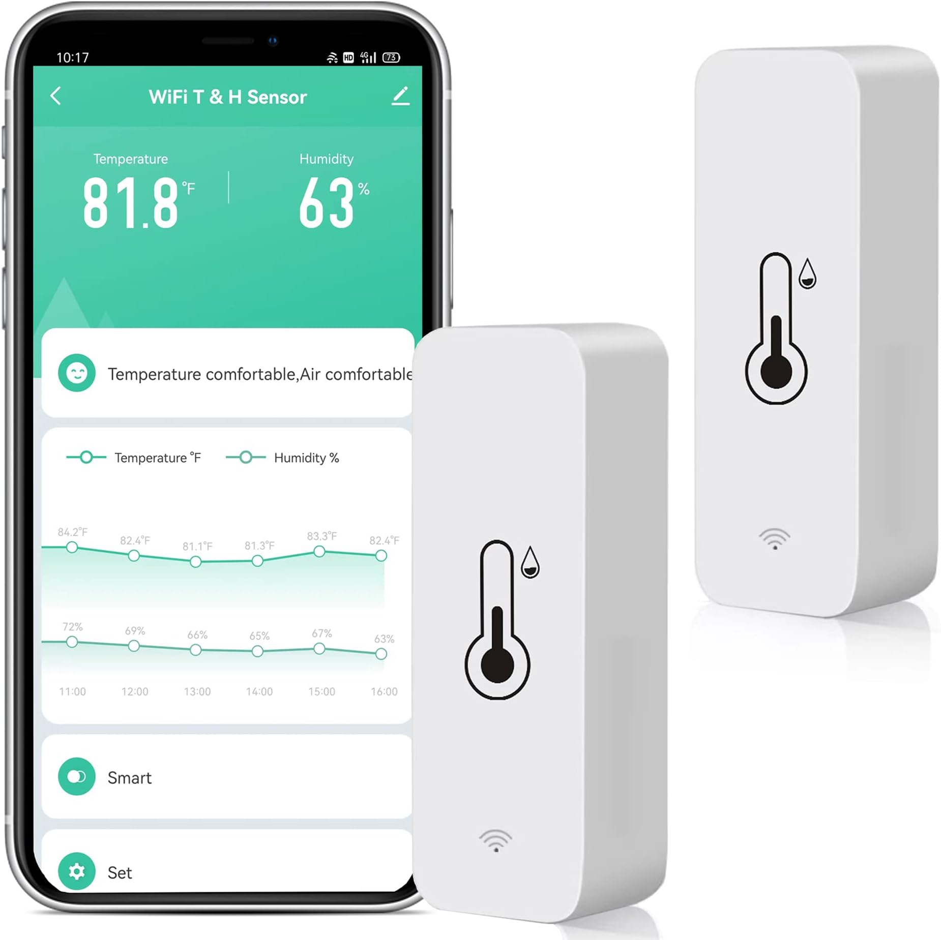 2 Pack WiFi Temperature Humidity Sensor: Wireless Temperature Humidity Monitor with App Alert, Free Data Storage Export, Smart Indoor Thermometer Hygrometer Compatible with Alexa Google Assistant