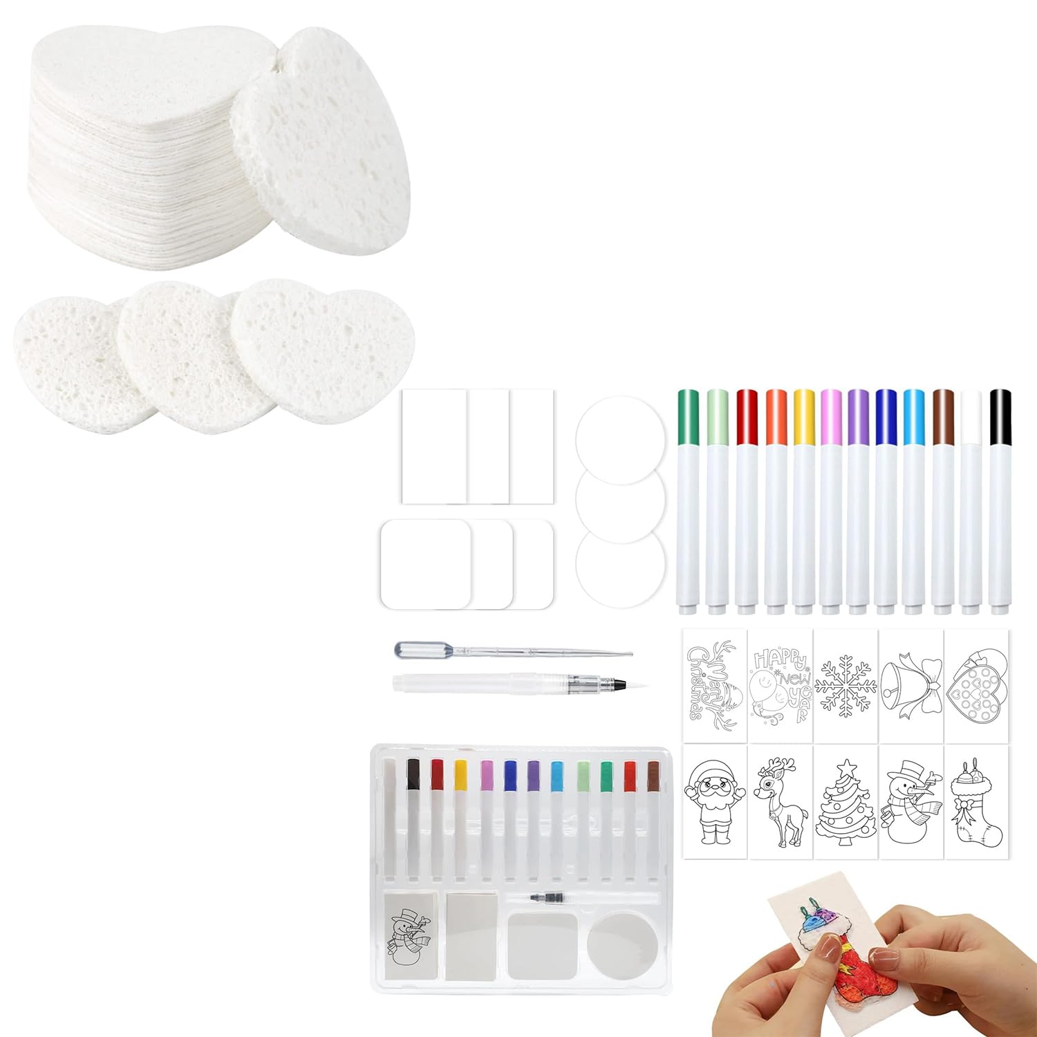 Heart Shape White 50-Count Facial Sponges Compressed Natural Cellulose Sponge + 54 Pcs Magic 3D Foam Texture Painting Kit