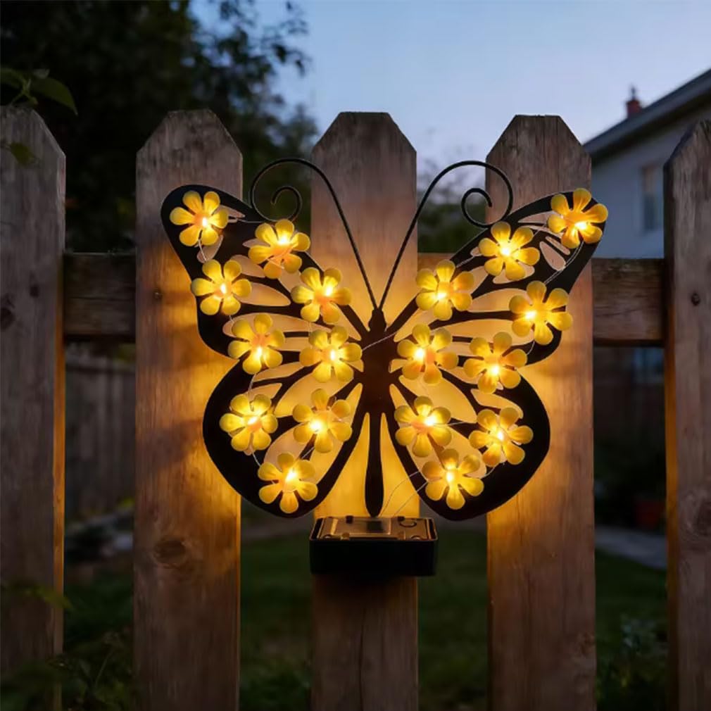 Solar Butterfly Garden Light, Butterfly Solar Wall Art with Warm Lights, Waterproof Metal Butterfly Wall Solar Lights, Butterfies Solar Lanterns Garden Fence Lights, Solar Lights Outdoor Ornaments