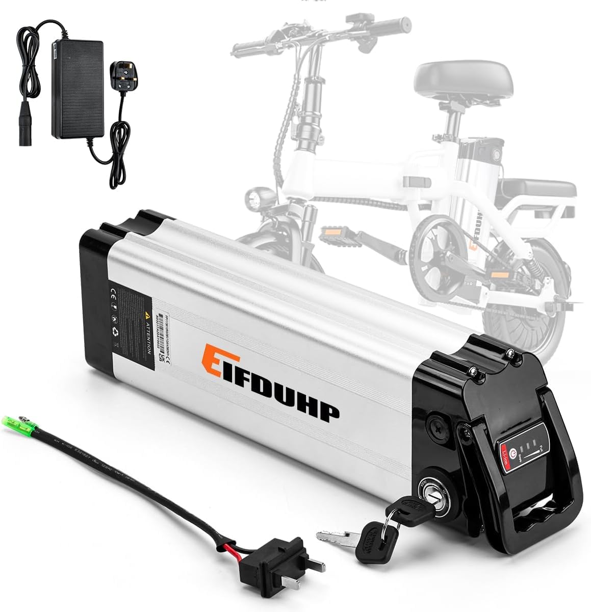 36V Ebike Battery 10AH, Folding Electric Bike Lithium Battery with 2 Pin Discharge Port, Charger, Safe Lock, LED Battery Level Light for 350W-50W Electric Bicycle Motor