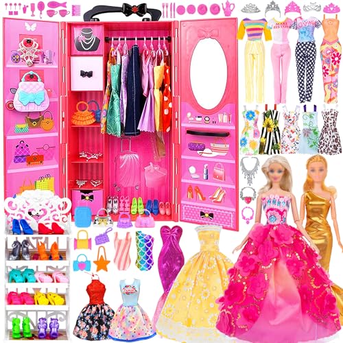 ebuddy 105 Pcs Puppe Schrank Garderobe Kleidung Spiel Set für 11.5 Zoll Mädchen Puppe einschließlich Schrank, Schuhe Rack, Kleid, Schuhe und anderes Zubehör (Keine Puppe)