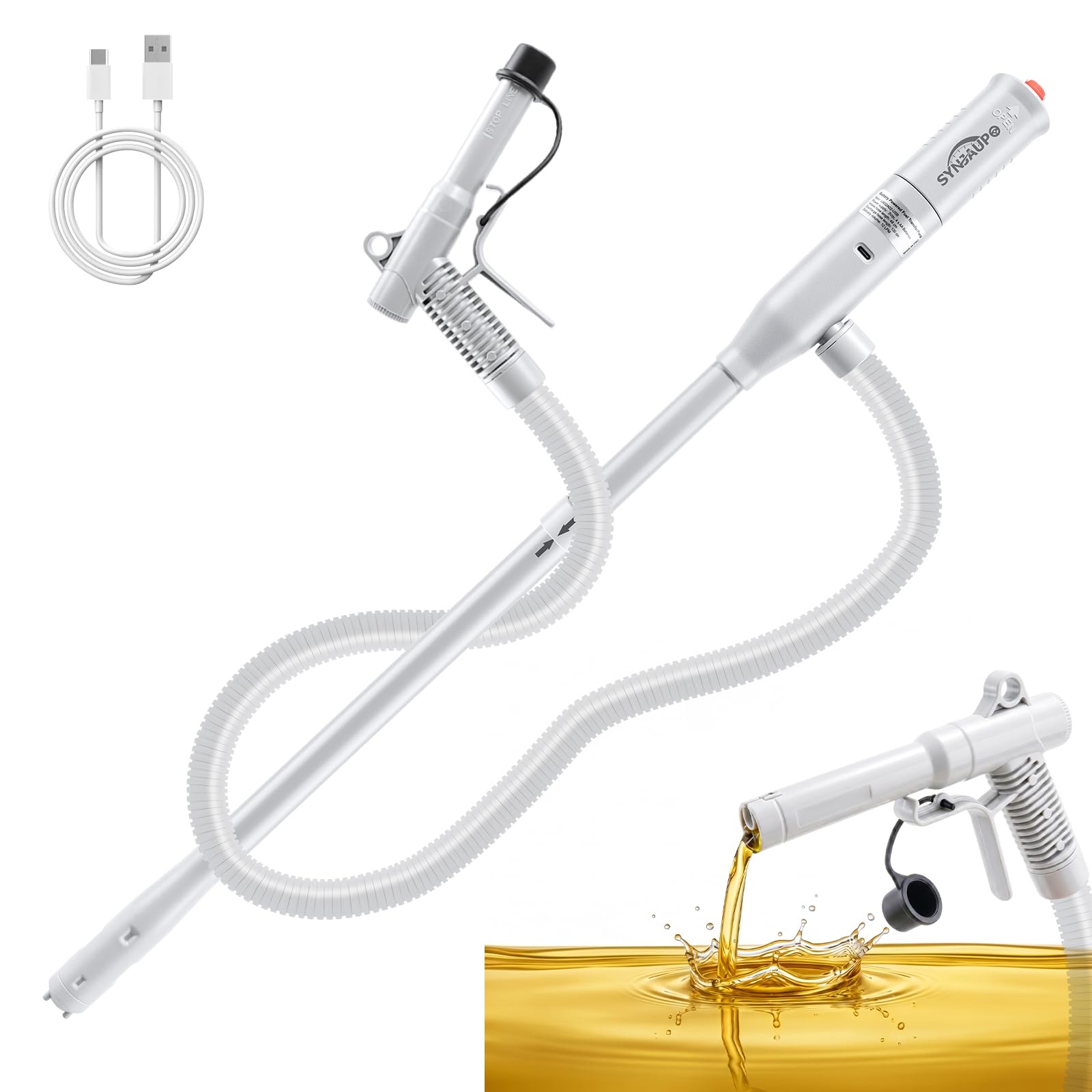 Pompa di Trasferimento Carburante Auto Arresto,12 L/min | Doppia Alimentazione USB-C/AA,Ingresso Olio da 28 mm,Cavo di ricarica USB,Pieghevole,Tubo da 130 cm,Regolazione,3,2 GPM