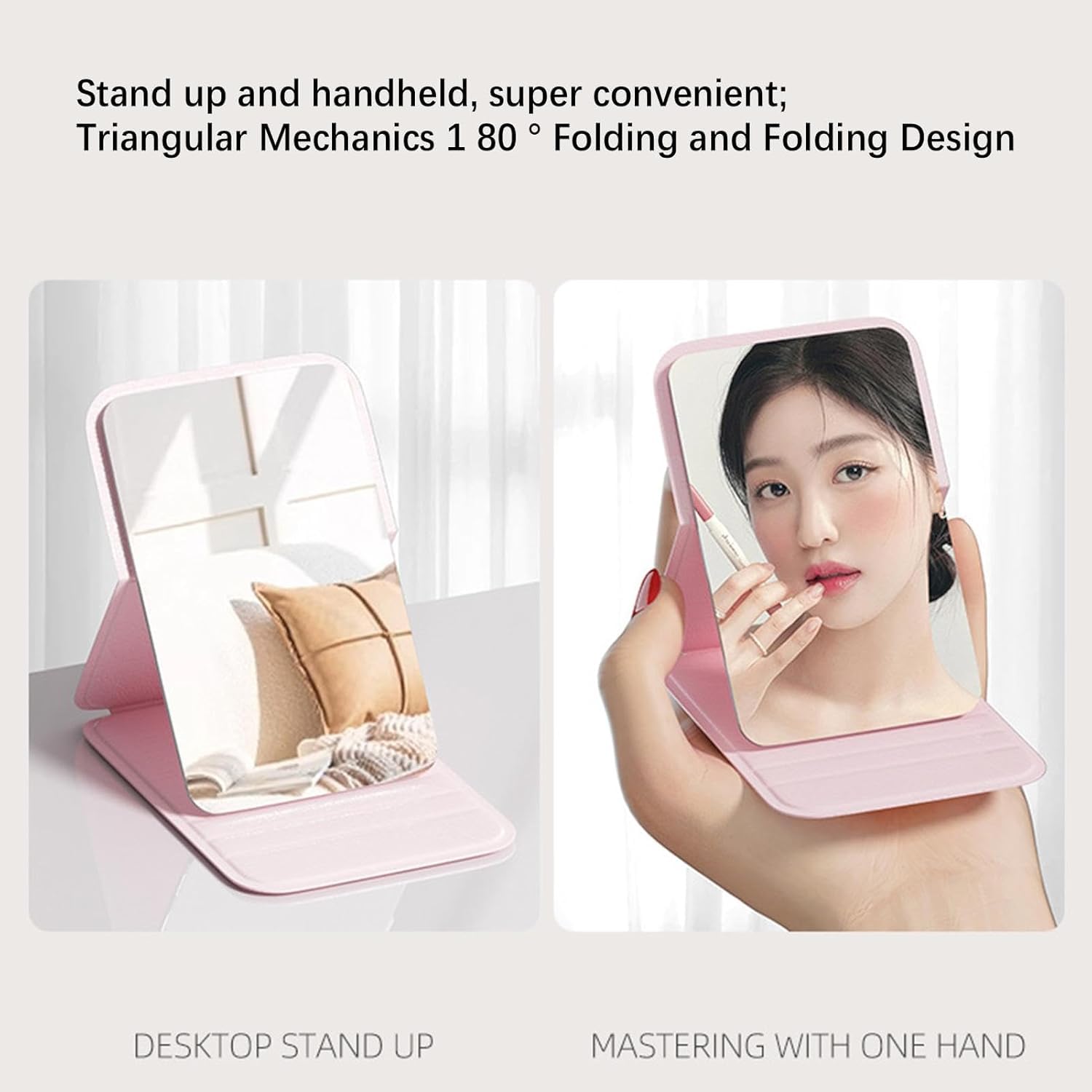 Kolorful Adjustable Folding Tabletop Makeup Mirror with Multi Stand Portable Frameless PU Leather Travel Friendly Mirror Exquisite HD Round Edge Corner Glass for Purse, Desk&Travel Use(7x11cm) (Pink) 3
