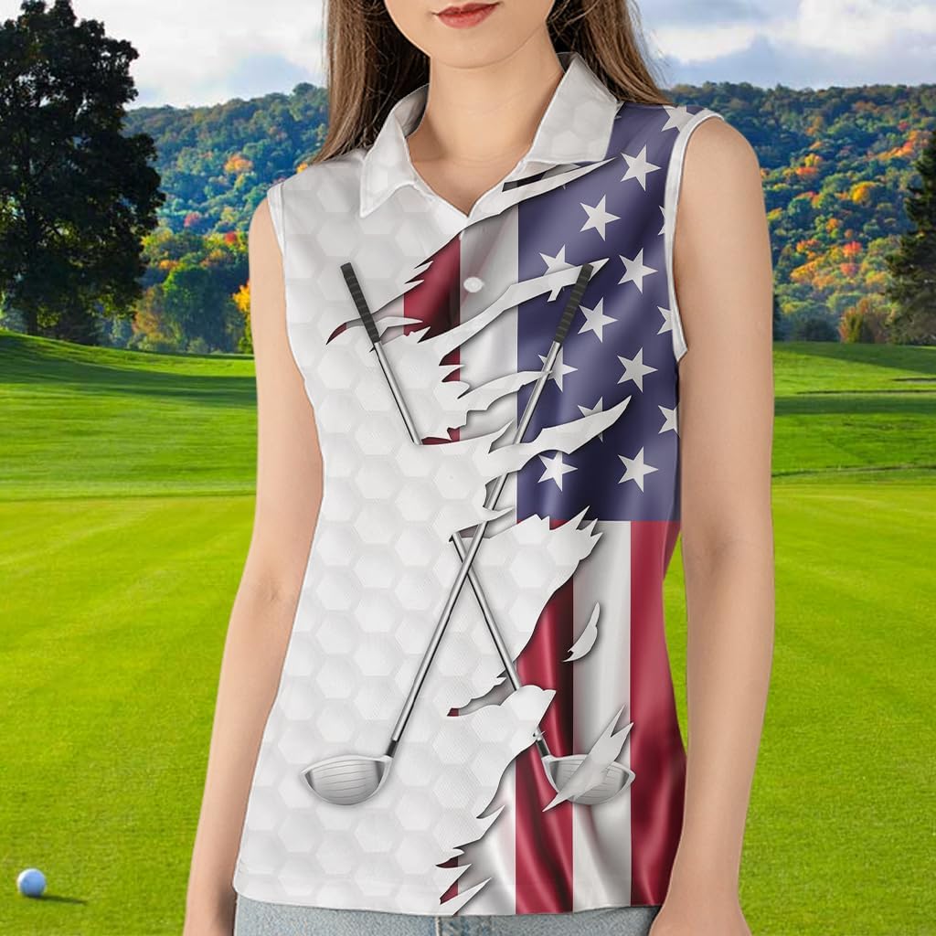 Red White and Blue American Flag Womens Sleeveless Polo Shirt Patriotic Golf Performance Shirts Womens Golf Clothing 4th of July Golf Shirts for Women