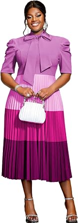 AOMEI Womens Colorblock Bowtie Neck Half Sleeve Pleated A-Line Midi Dress