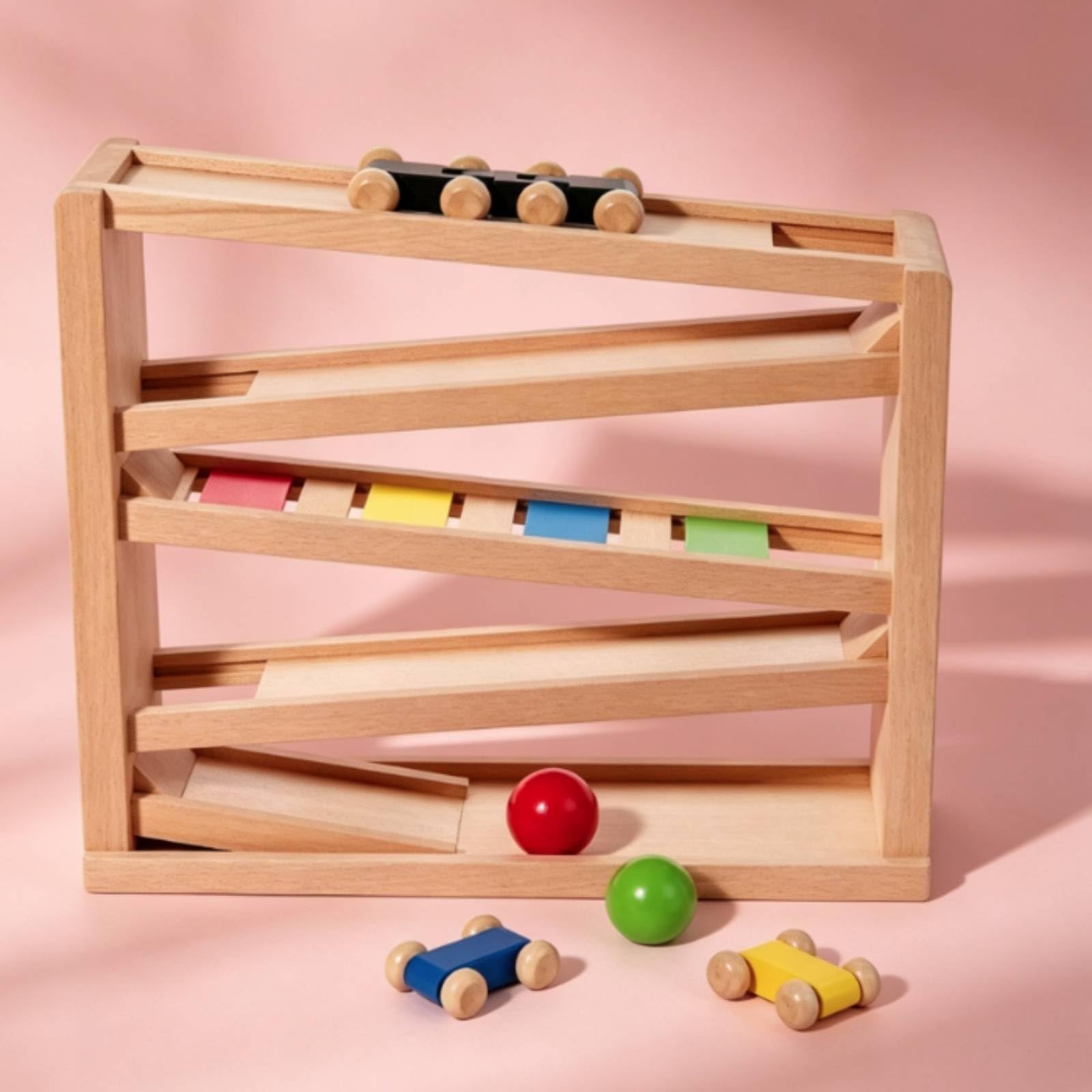 Kinder Sinnesbahn Holz Kugelbahn Auto-Rampe Spielzeug Beechholz Glatte Kanten Rechteckiger Rahmen Farbige Einsätze Fördert Aufmerksamkeit Und Feinmotorik für Kleinkinder Vorschule Kita