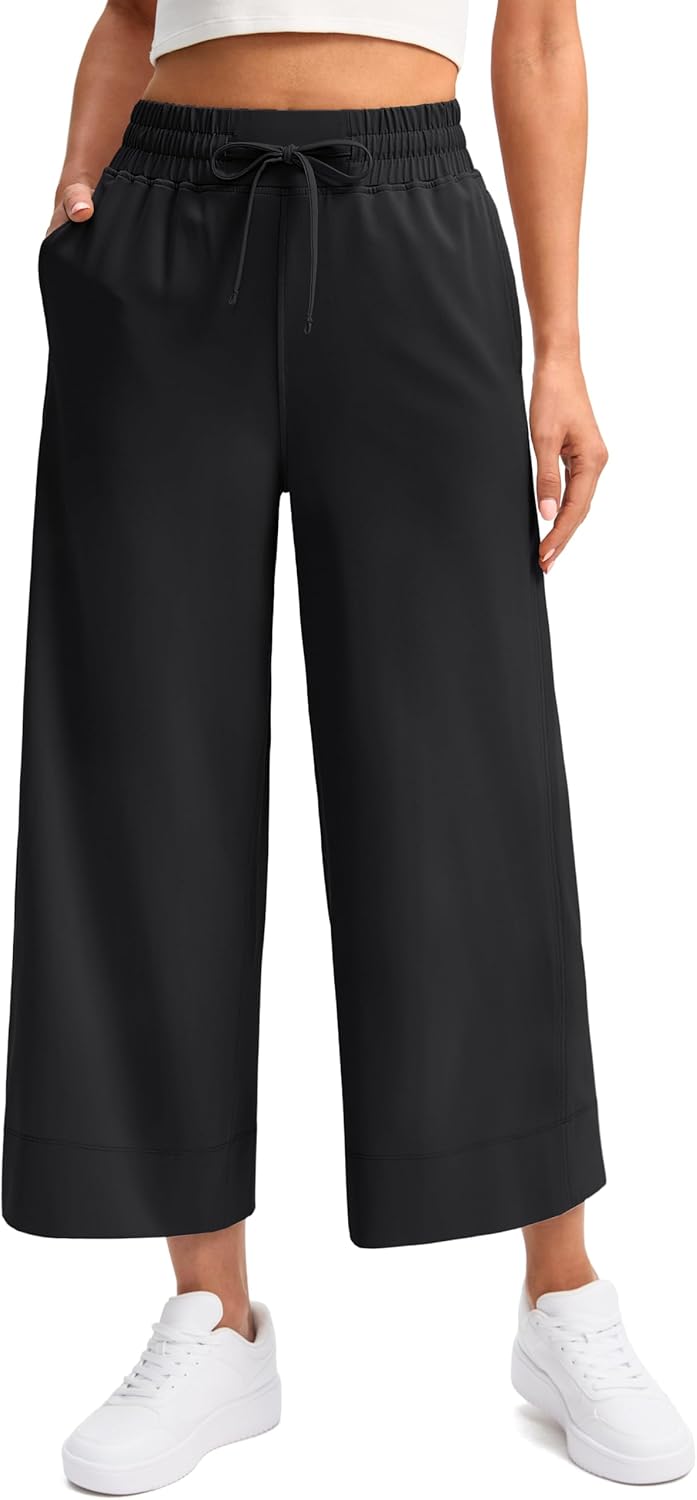 SANTINY Lightweight Wide Leg Cropped Pants for Women High Waisted Loose Capris Lounge Casual Travel Pants with Pockets Summer