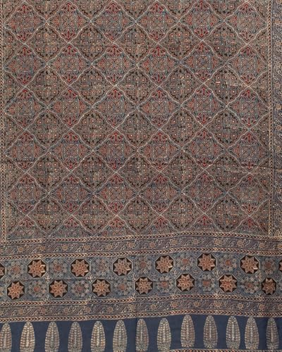 Image of Ethnics of Kutch Womenss Ajrakh Modal Silk Natural Dye Hand Block Print Saree with Blouse Piece - 5.5 Mtr Length
