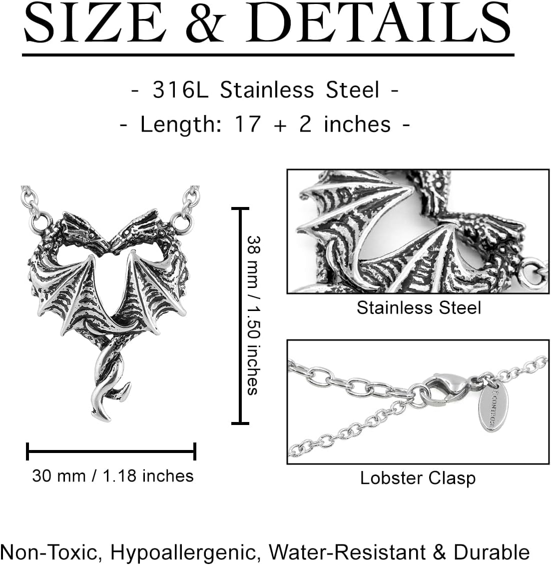 Controse Women's Silver-Toned Stainless Steel Steamin' Hot Love Dragon Heart Necklace with Pendant