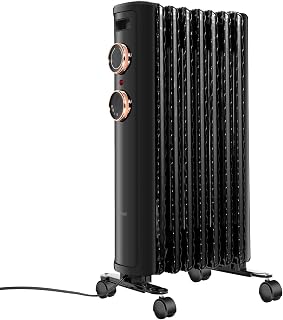 Oil Filled Space Heater for indoor use with 3 Heating Modes, Energy Saving 500-1500W Adjustable Thermostat Radiator Heater, with Universal Wheels for Bathroom, Bedroom, Study room, Matte Black