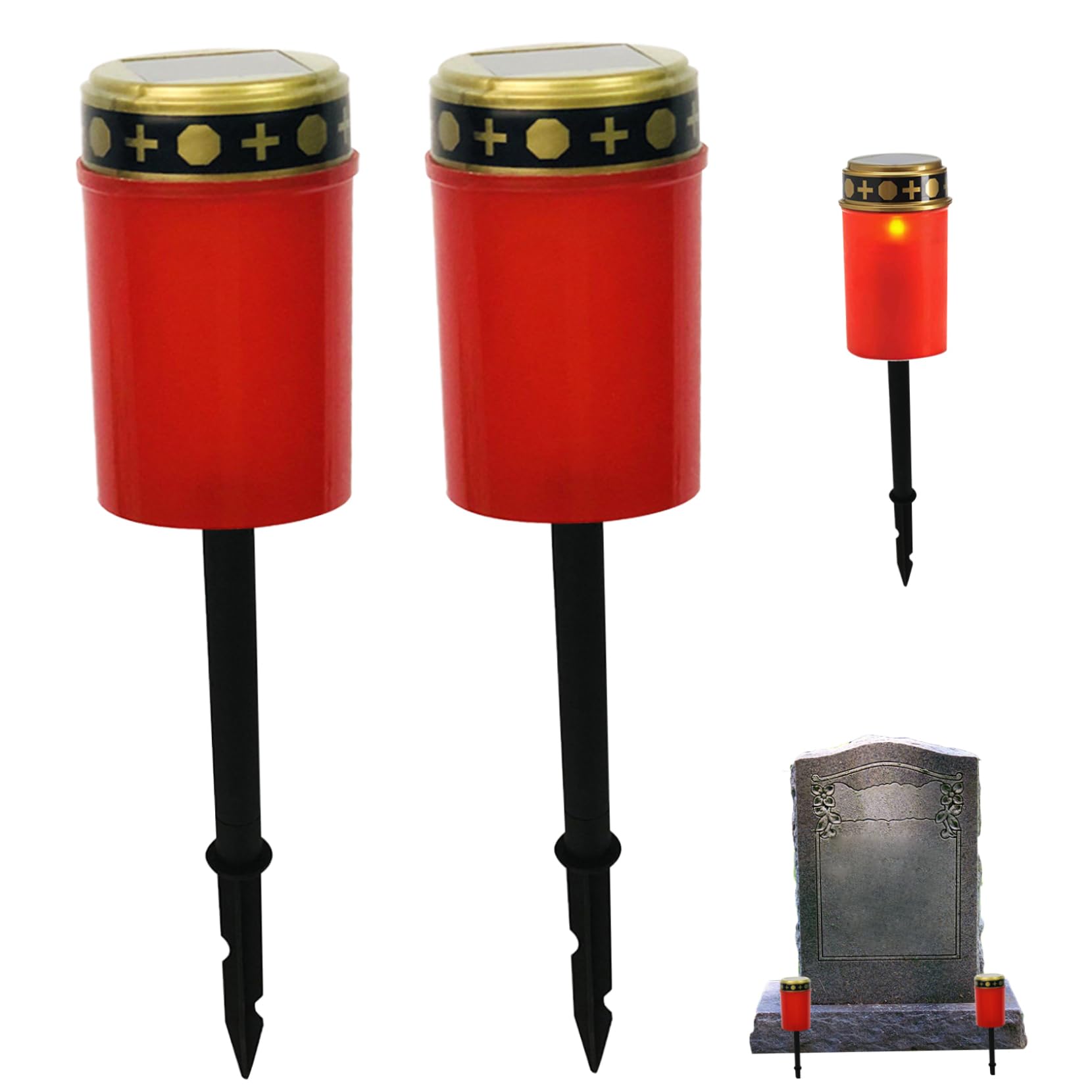 KYEQATY Solar Cemetery Lights 2PCS - Waterproof Memorial Grave Candles With Garden Stake for Outdoor Decorations - Red